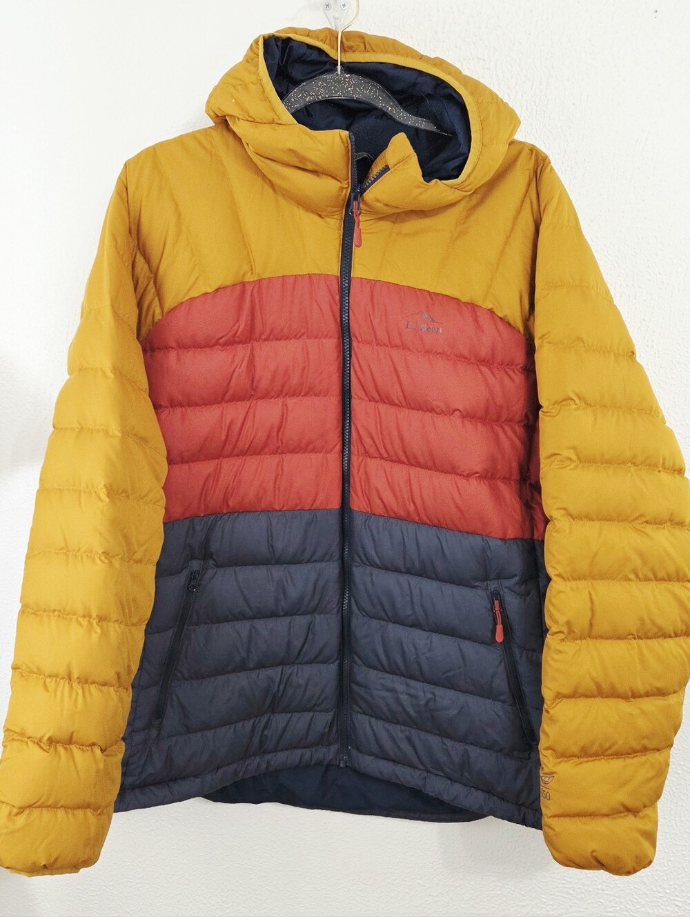 LL Bean Womens Down Hooded Jacket Colorblock Water Resistant Navy Bronze plus 3X